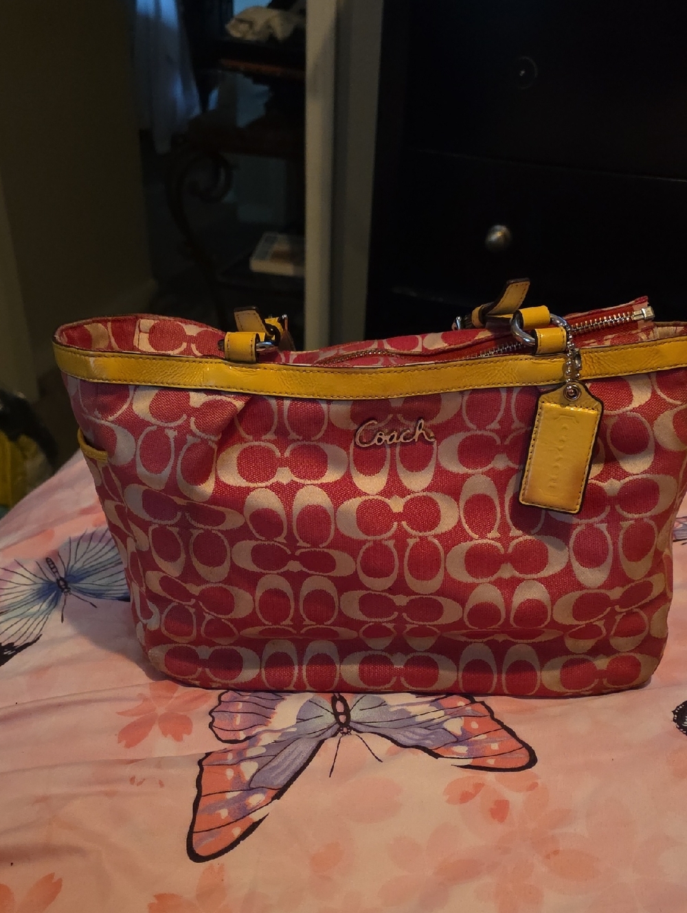 Coach Pink Signature Canvas Tote with Yellow Trim and Tag